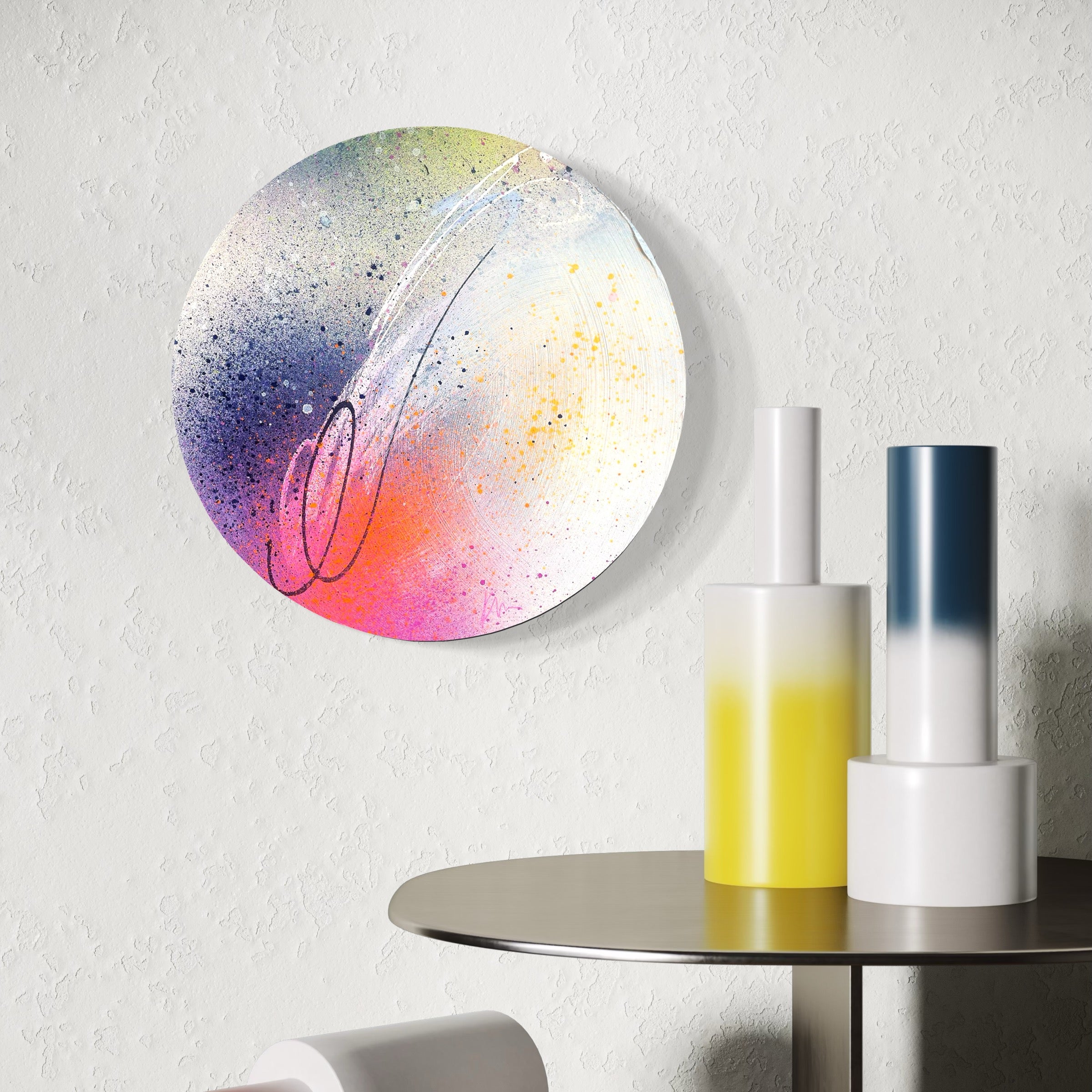 Kate Mayer's "We Only Ever Have Now," an abstract painting, adorns a table with gradient-colored cylinder vases.