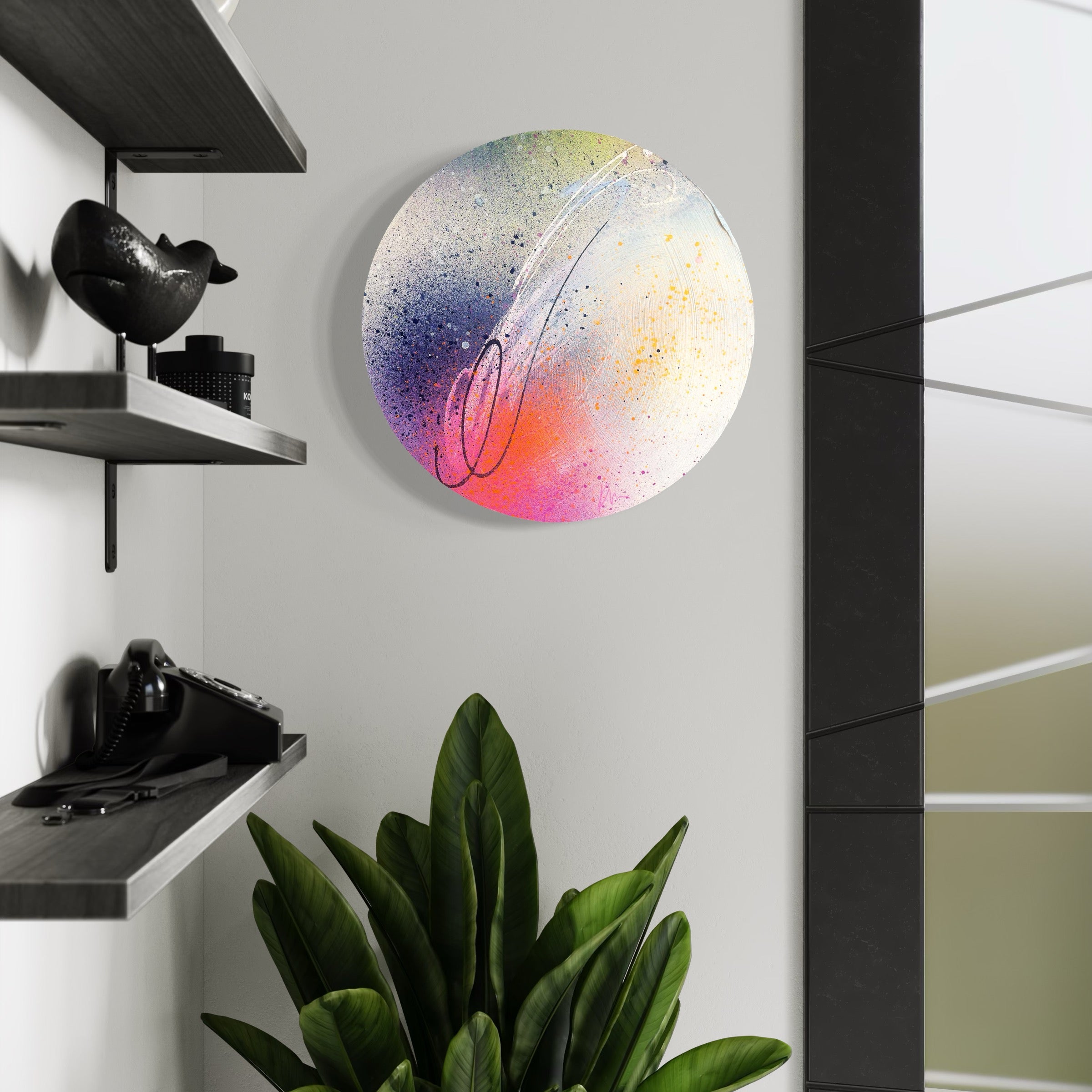 Kate Mayer's "We Only Ever Have Now" painting features blue, green, pink, and yellow hues above a leafy plant with shelves on the left.