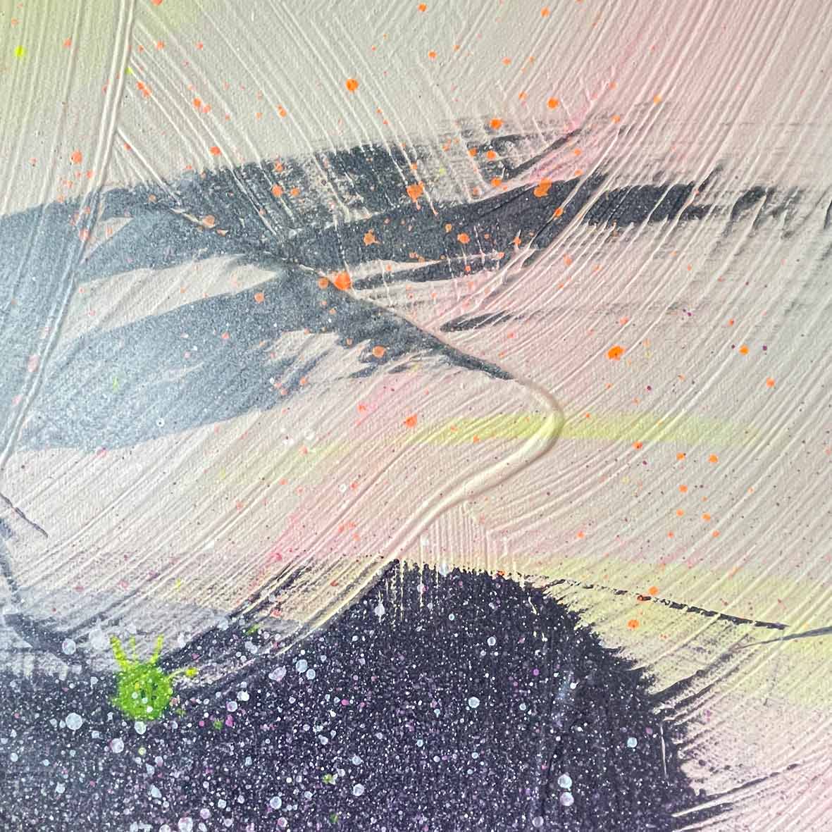 Miami Vibes - Original Painting by Kate Mayer showcases an abstract design featuring textured brush strokes in white, gray, with subtle hints of orange and green speckles, capturing the essence of Miami-inspired art.