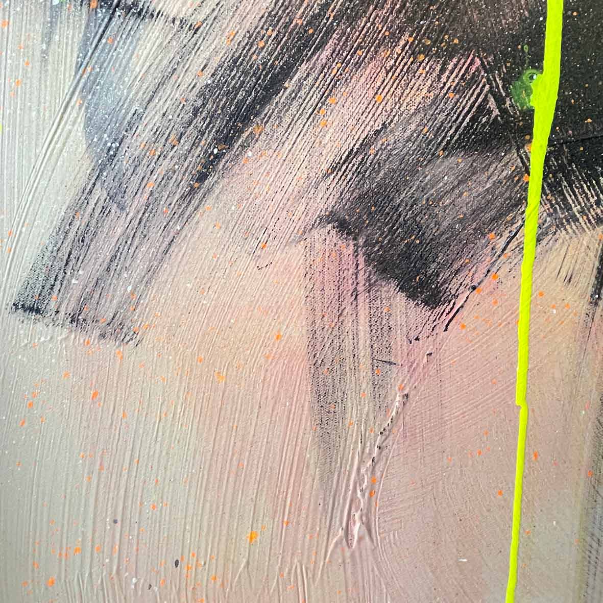 A close-up of the Miami Vibes original painting by Kate Mayer, showcasing contemporary abstract elements with textured brushstrokes in black and pink hues, punctuated by orange dots and highlighted by a vertical yellow line.