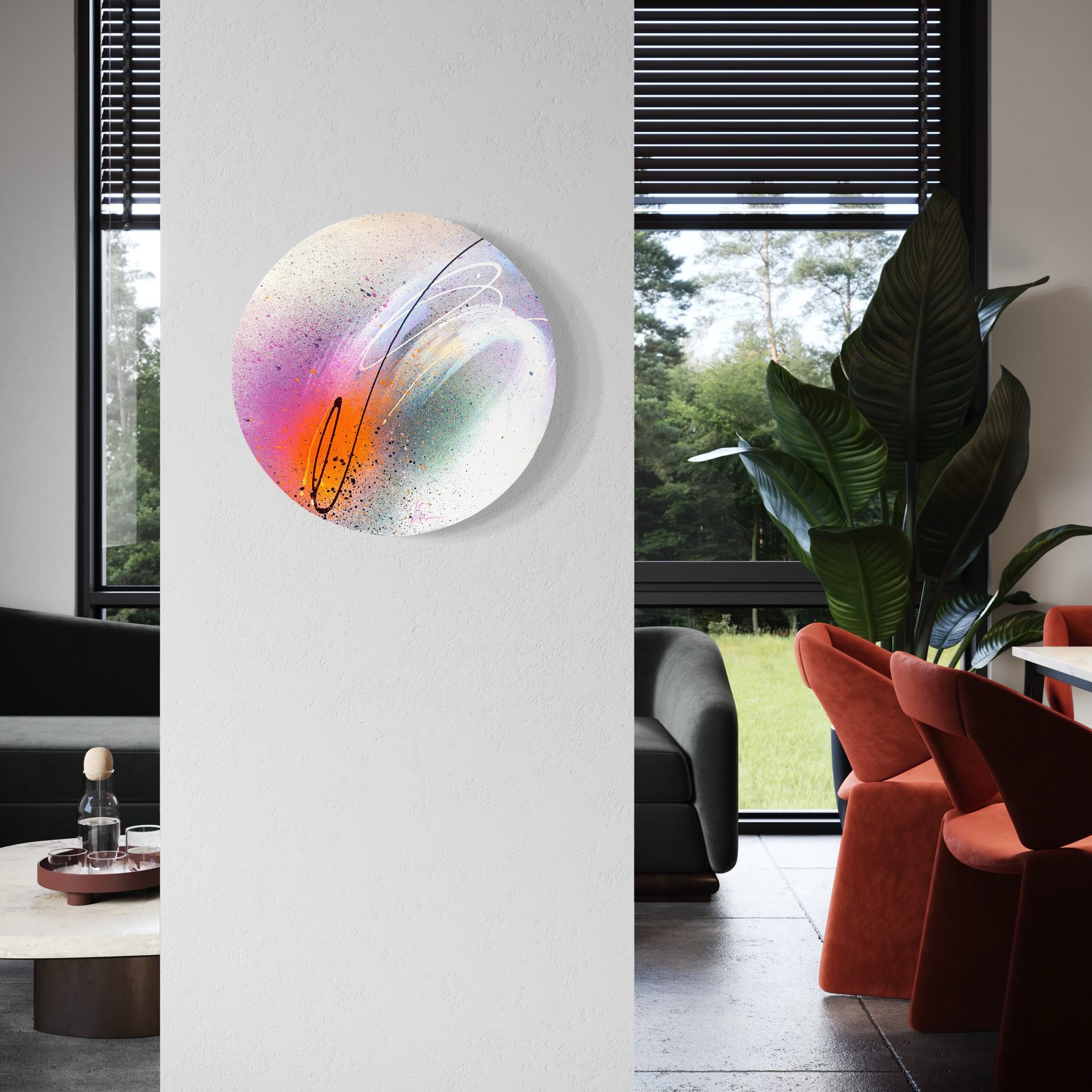 A modern living room features Kate Mayer's "In This Moment" above rust-colored chairs, painted with acrylic and spray paint.