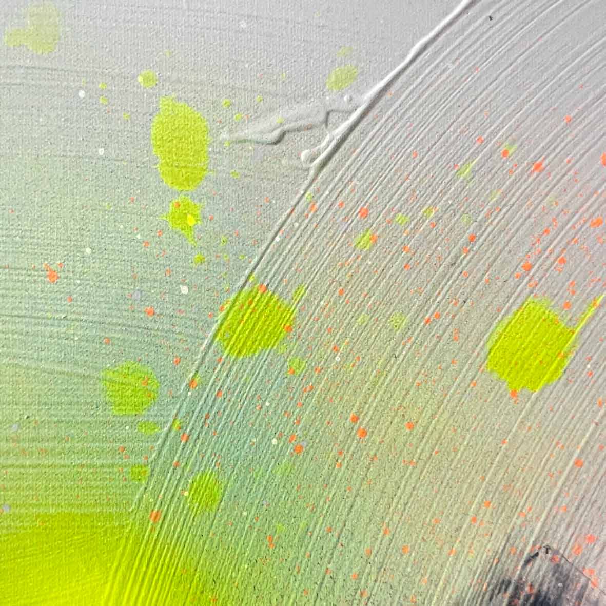 The "Miami Vibes - Original Painting" by Kate Mayer is a contemporary art piece with a textured gray and yellow-green background, highlighted by vibrant orange and yellow splatters and streaks.