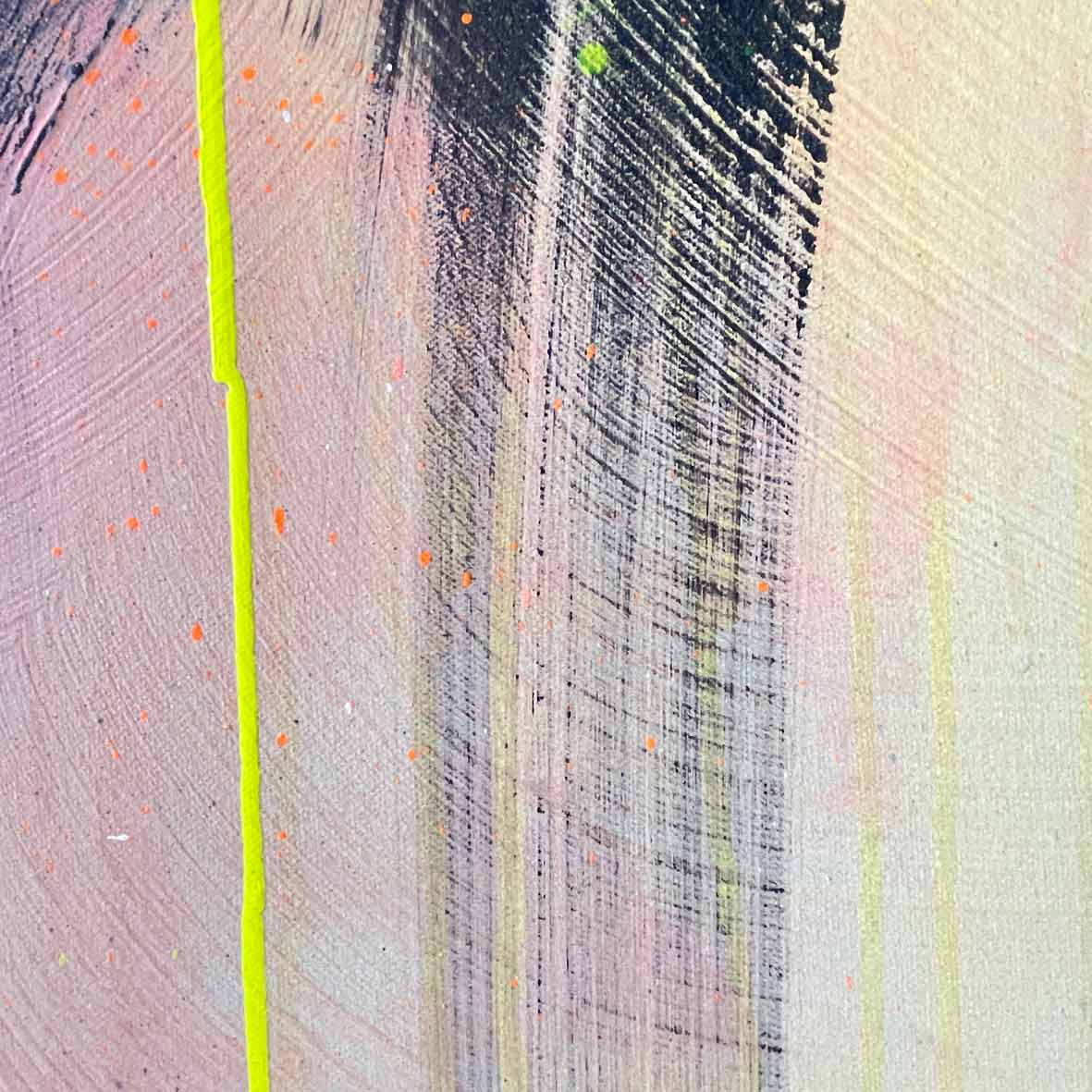 The Miami Vibes original painting by Kate Mayer showcases vertical streaks of pink, black, and green, highlighted by a bold yellow line and small orange dots—a vibrant nod to Miami-inspired art.