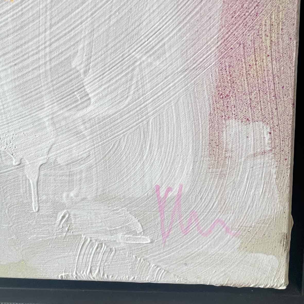 Close-up of the textured "Miami Vibes - Original Painting" by Kate Mayer, showcasing subtle pink and beige hues typical of Miami's art scene, with a faint signature in the lower right corner.