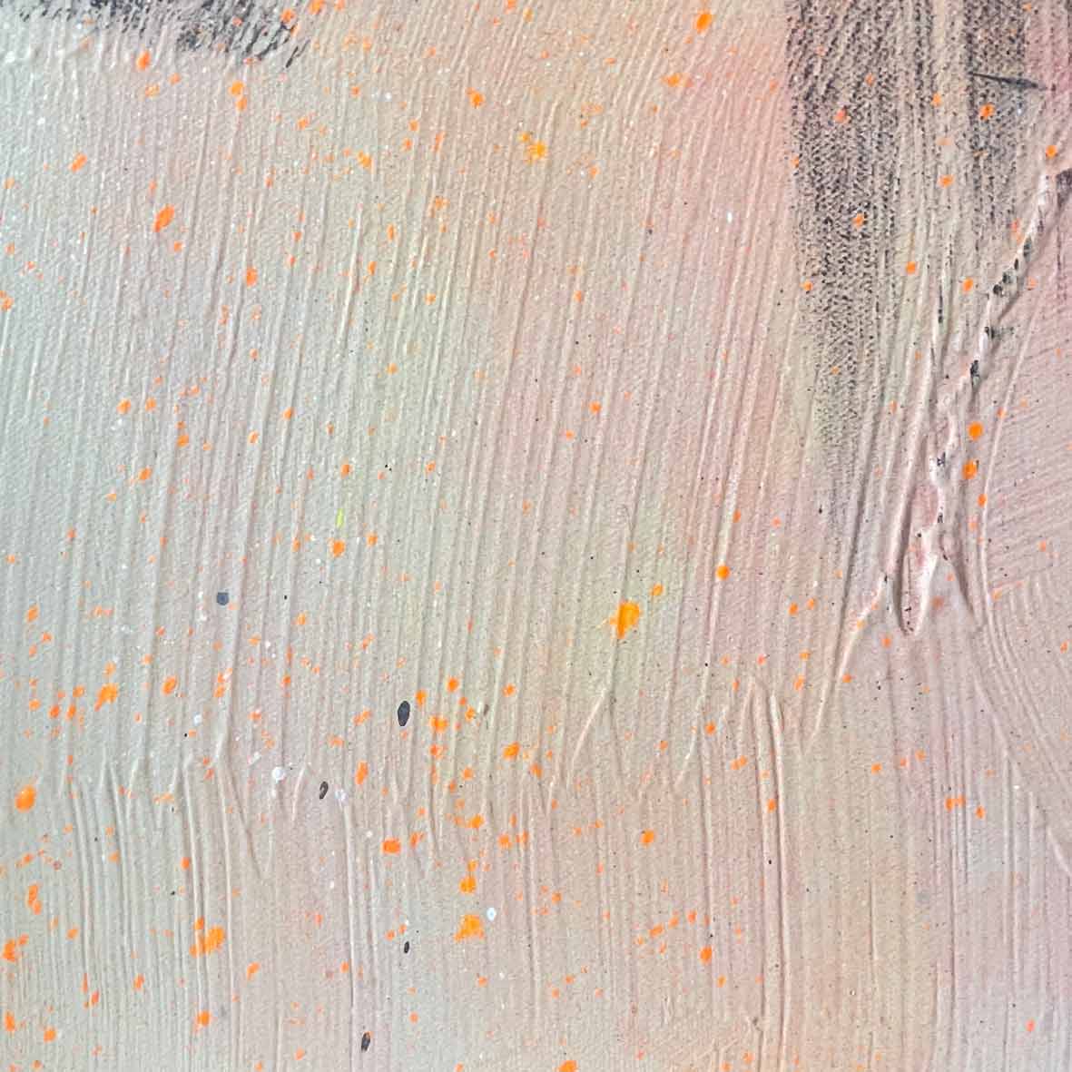 A close-up of "Miami Vibes," an original painting by Kate Mayer, showcases textured brushstrokes in beige and orange with subtle black speckles.