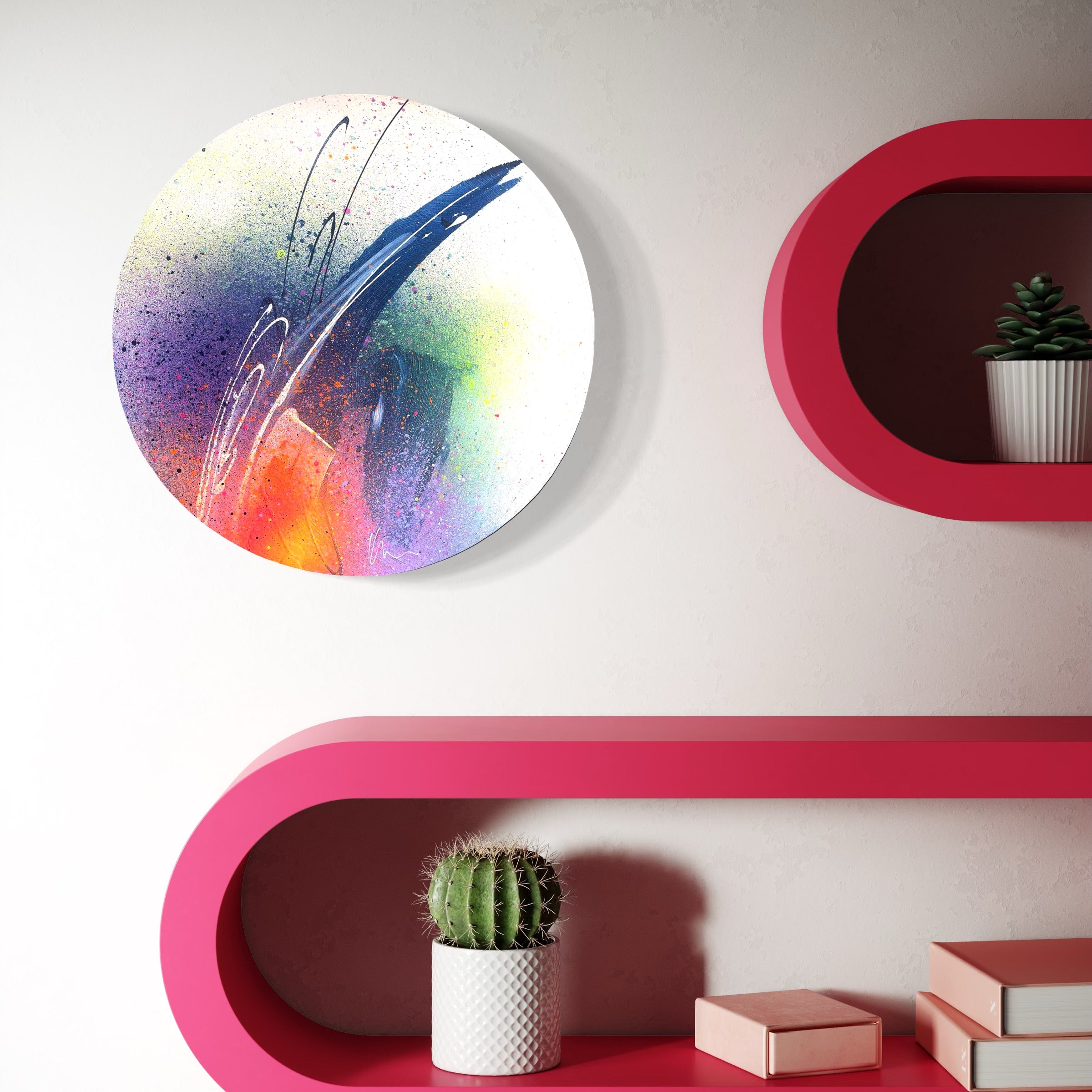 Kate Mayer's "You've Got The Power" painting on wall, vibrant colors with pink shelves holding cactus and succulent.