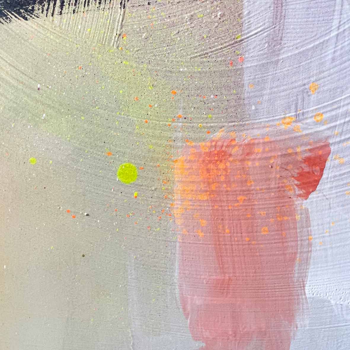 Introducing the "Miami Vibes - Original Painting" by Kate Mayer, featuring an abstract design with white, orange, and yellow brushstrokes and splatters on a textured canvas.