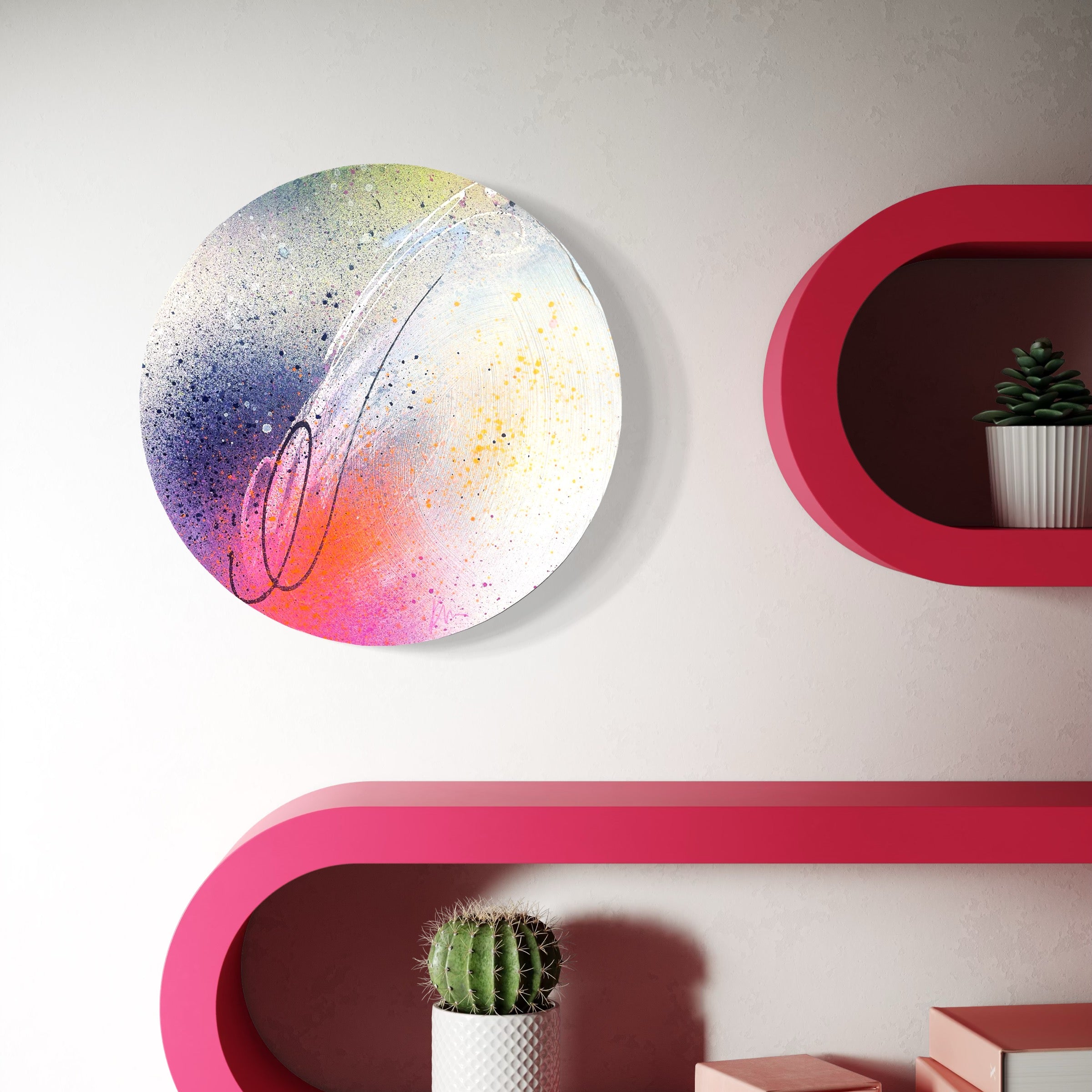 We Only Ever Have Now" by Kate Mayer: Round acrylic abstract with vibrant colors, next to a red shelf and small plants.