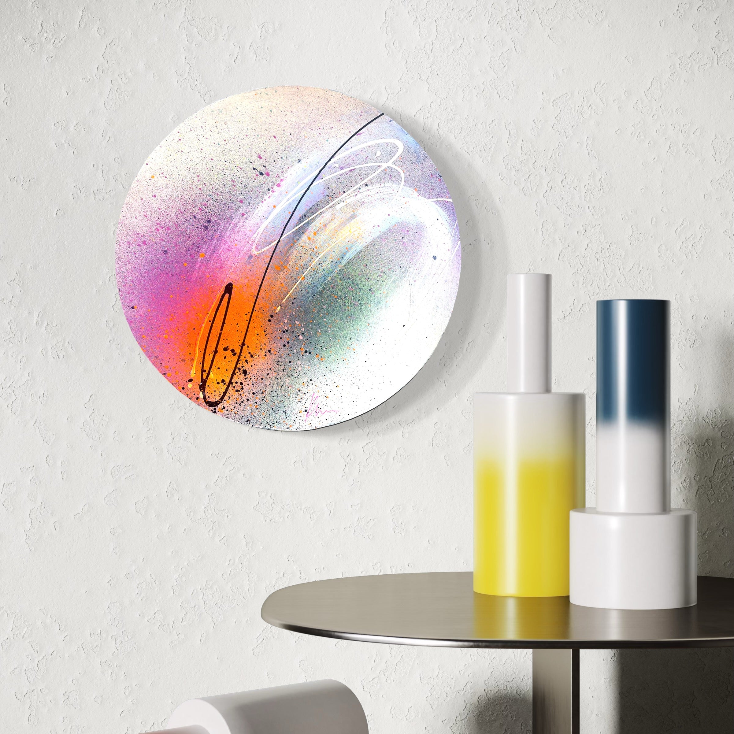 Kate Mayer's "In This Moment" features bright swirls with acrylic and spray paint, displayed above cylindrical vases.