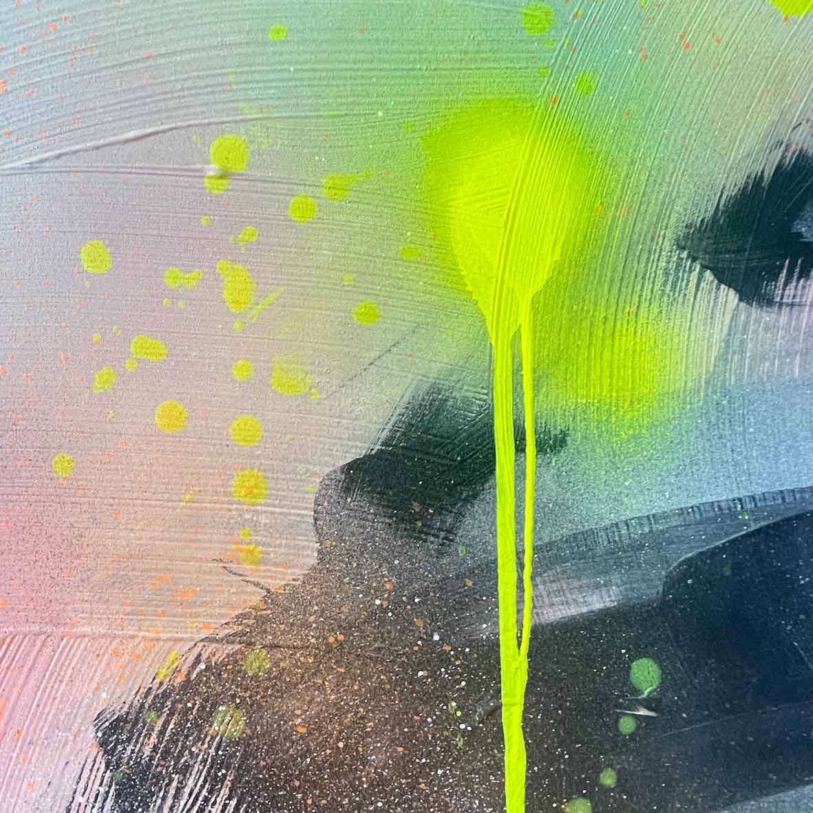 The Miami Vibes - Original Painting by Kate Mayer is a captivating piece of contemporary art that features bright splashes of neon green, pink, and blue on a textured background, perfectly embodying the energy and flair of South Beach.