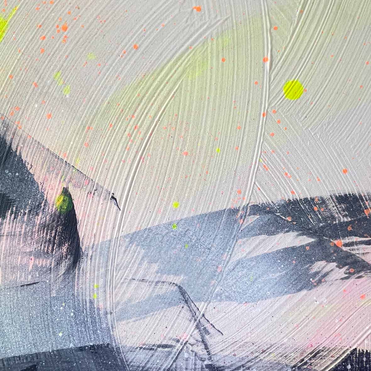 An original painting by Kate Mayer titled "Miami Vibes," characterized by vibrant abstract art with textured brushstrokes and dynamic splashes of neon green, pink, and dark blue set against a light backdrop, capturing the essence of contemporary Miami-inspired art.