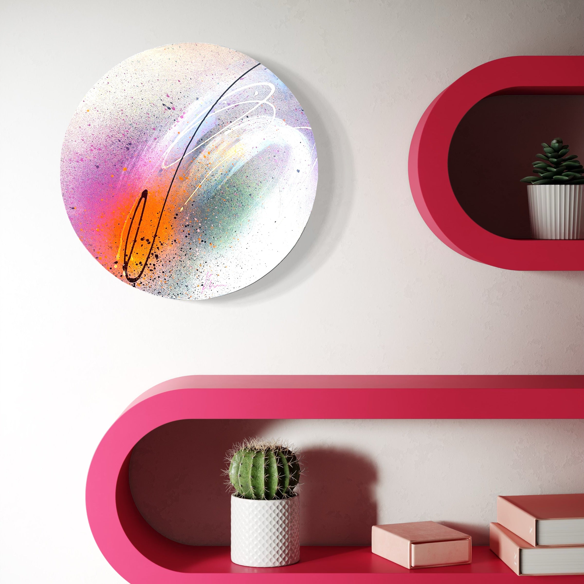 In This Moment by Kate Mayer: A round acrylic and spray paint piece hangs above pink shelves with a cactus.