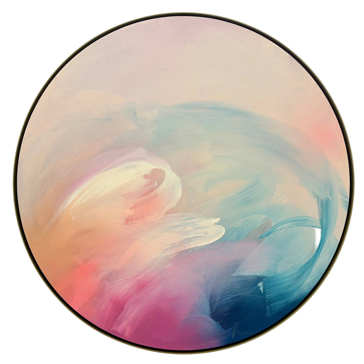 For Every Mountain“ by Kate Mayer: circular pastel acrylic on plywood, hand-framed in metal; displayed on white wall.