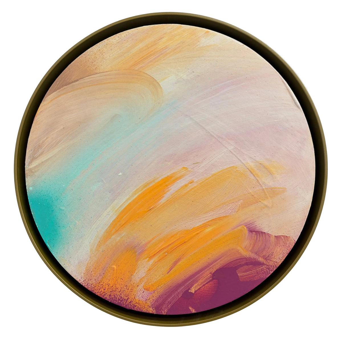 Good Times by Kate Mayer: round abstract painting with orange, purple, and teal swirls in a handmade metal float frame.