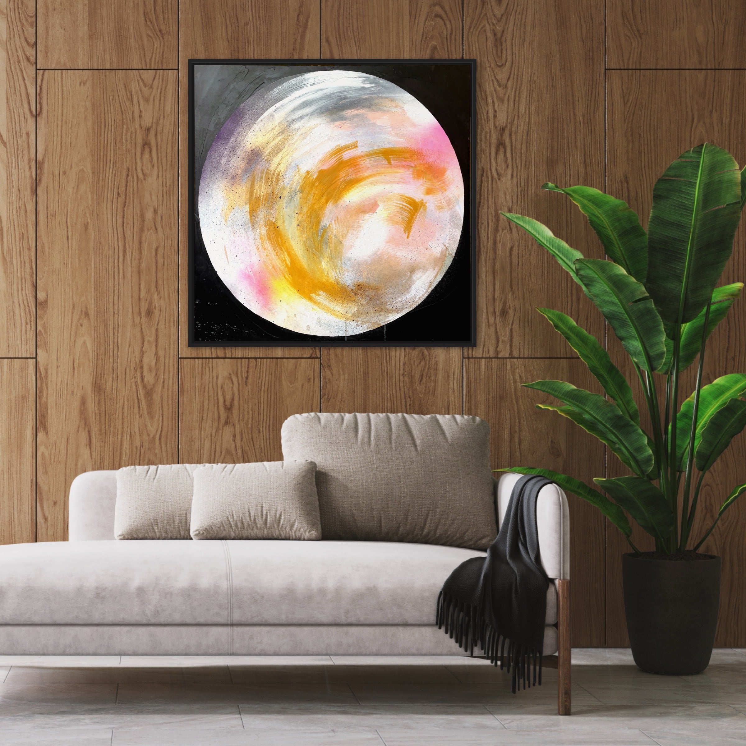 Original Abstract painting by Kate Mayer 100cm x 100cm Acrylic and spray paint on canvas Created in 2024 Signed by the artist with a certificate of authentication Framed in a high quality black wooden float frame Ready to hang