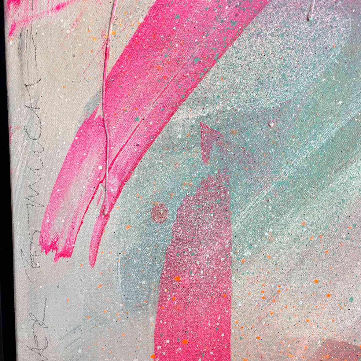 Never Too Much, an original painting by Kate Mayer, showcases vivid pink, green, and orange brushstrokes crafted with acrylic and spray paint on a textured surface. It includes a subtle signature on the left.