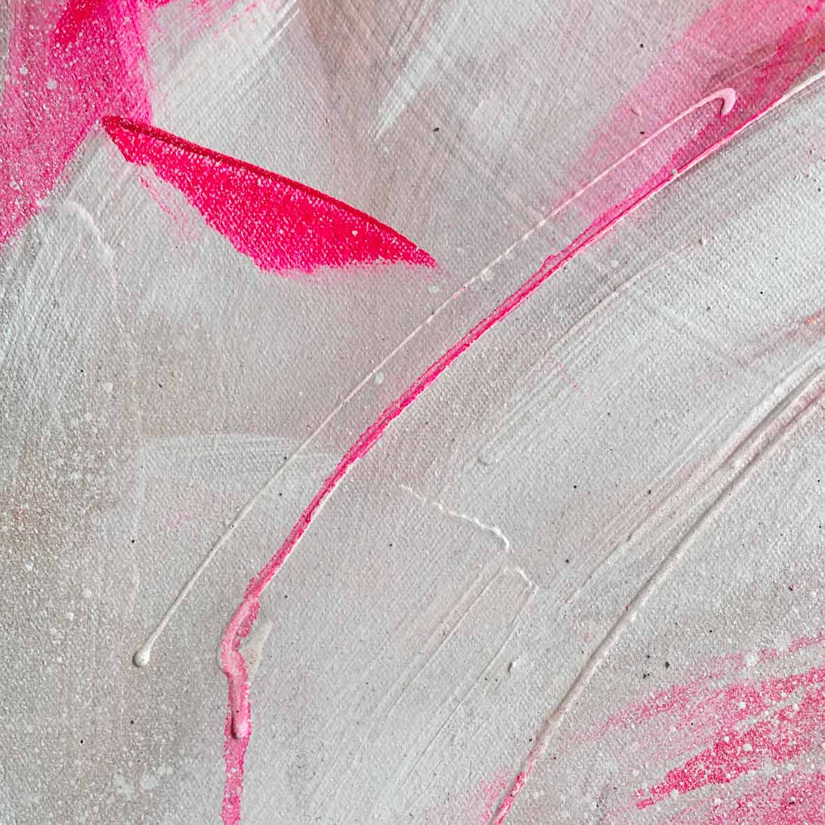 Introducing "Never Too Much," an original painting by Kate Mayer. This artwork showcases swirling pink and white brushstrokes on a textured surface, enhanced with acrylic and spray paint techniques.