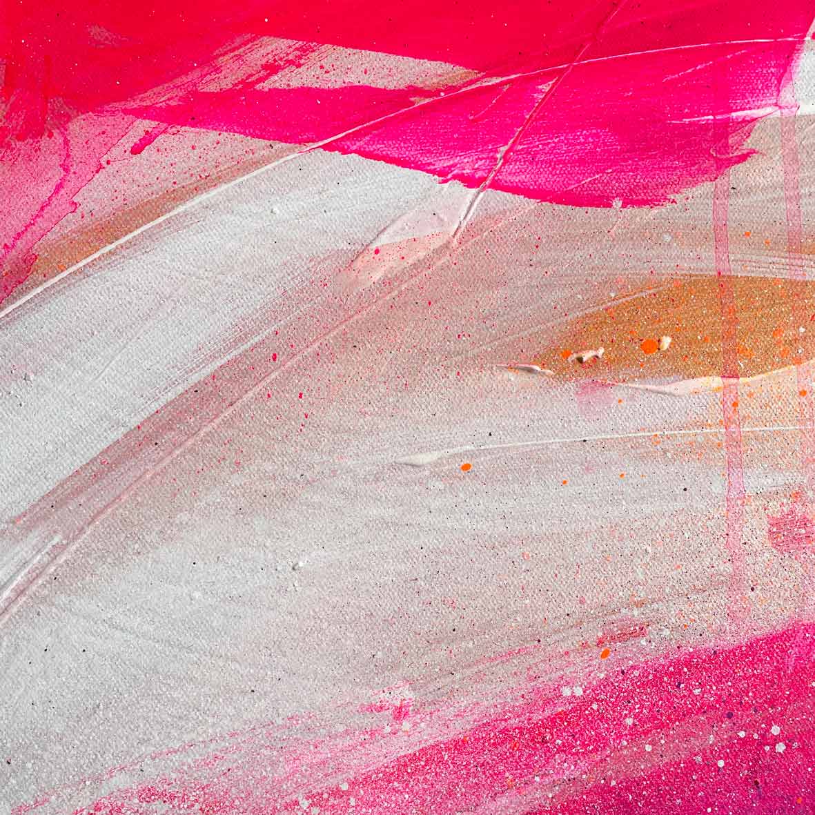 Never Too Much - Original Painting by Kate Mayer, featuring vibrant pink, white, and orange brushstrokes created with acrylic and spray paint on a textured surface.