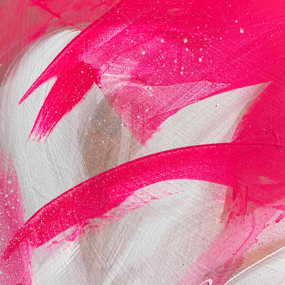Never Too Much, an original painting by Kate Mayer, showcases bold pink and white brushstrokes with dynamic, sweeping motions and textured layers crafted using acrylic and spray paint.