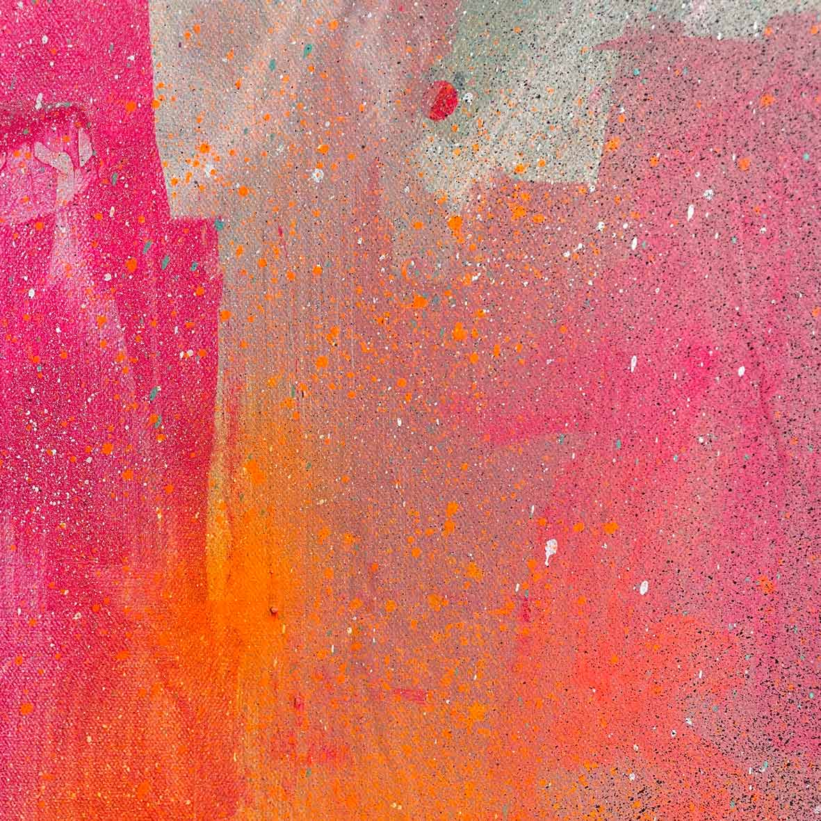 Introducing "Never Too Much," an original painting by renowned artist Kate Mayer. This abstract piece utilizes acrylic and spray paint to showcase vibrant shades of pink and orange, accented with subtle hints of gray. Splattered textures add depth and energy to its dynamic composition.