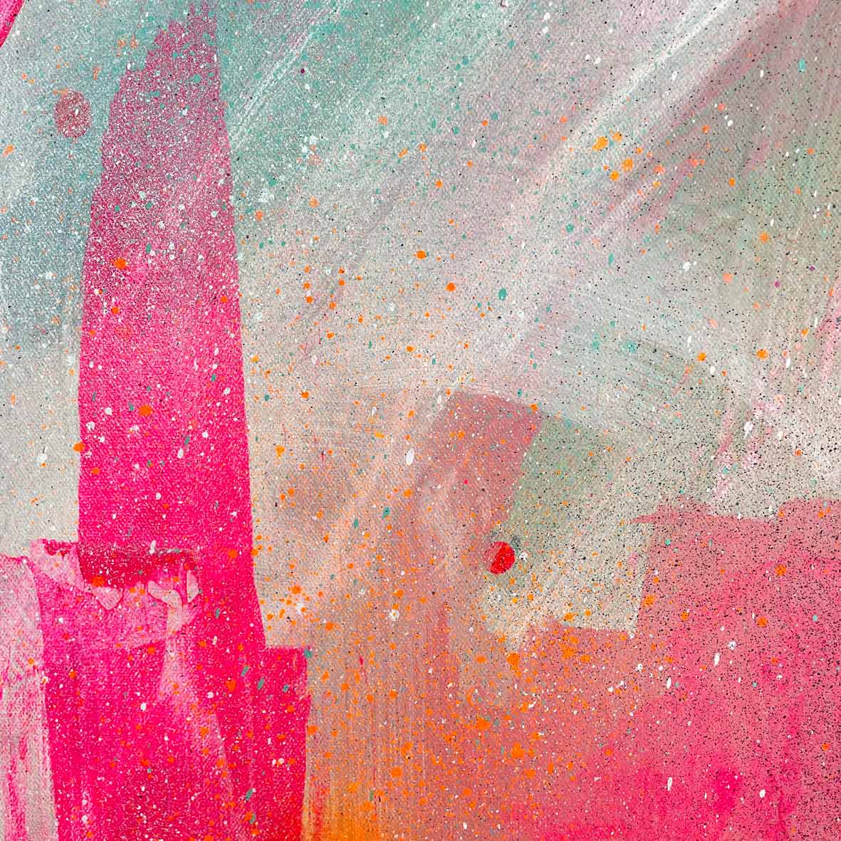 The "Never Too Much - Original Painting" by Kate Mayer showcases vibrant pink, orange, and turquoise splashes and speckles on a textured surface. Expertly crafted with acrylic and spray paint, it exudes dynamic energy and creativity.