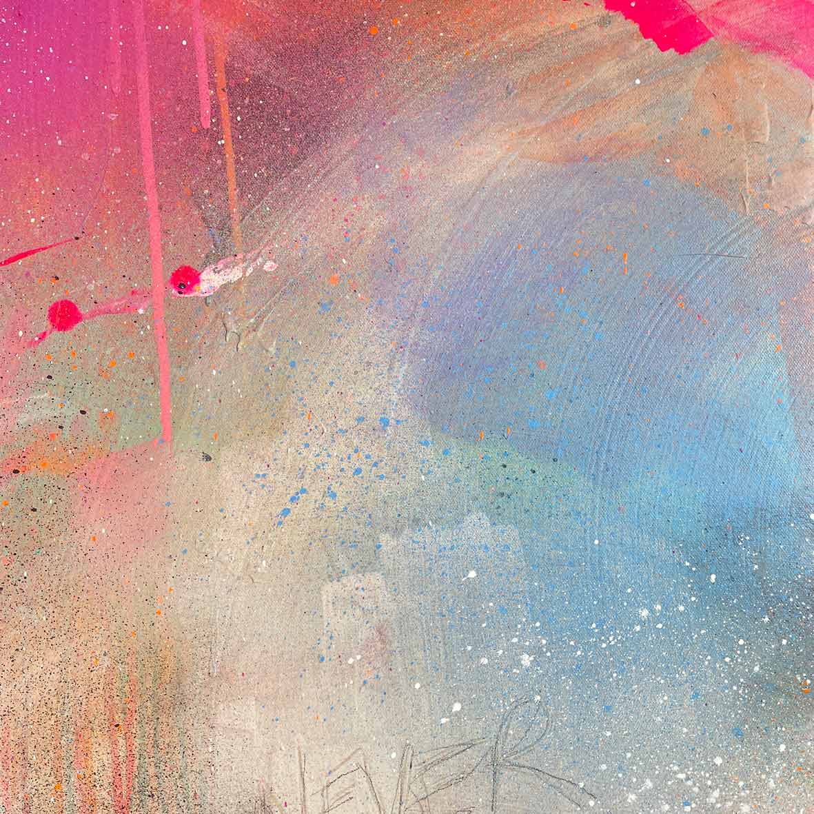 In "Never Too Much," an original painting by Kate Mayer, acrylic and spray paint combine in a dynamic abstract piece where splashes of pink, blue, and orange interact with red dots and subtle graffiti text along the bottom.