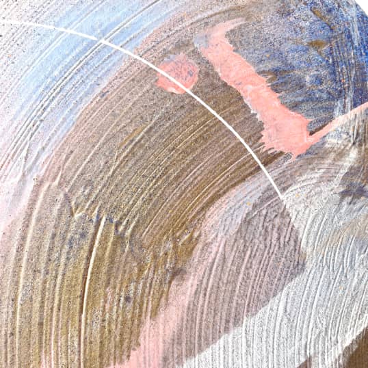 Introducing 'Just Be' by Kate Mayer, an abstract artwork featuring curved lines and textured brushstrokes in earth tones and pink hues, crafted with acrylic and spray paint.