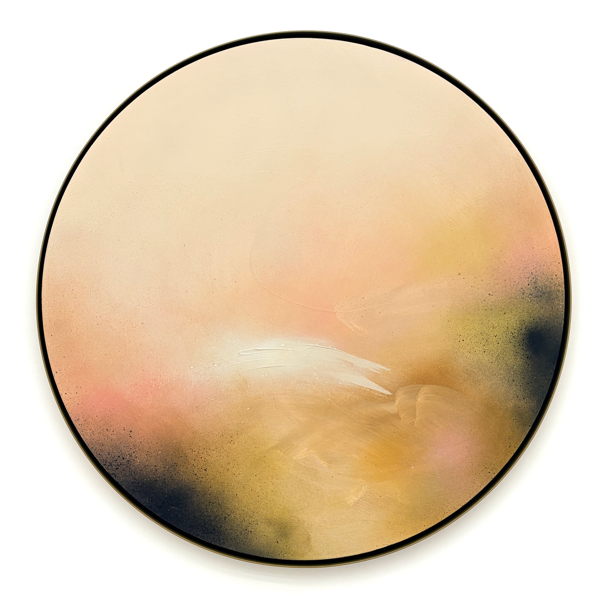 Friend“ by Kate Mayer: Round abstract art in soft beige, pink, yellow & black, handmade metal float frame.