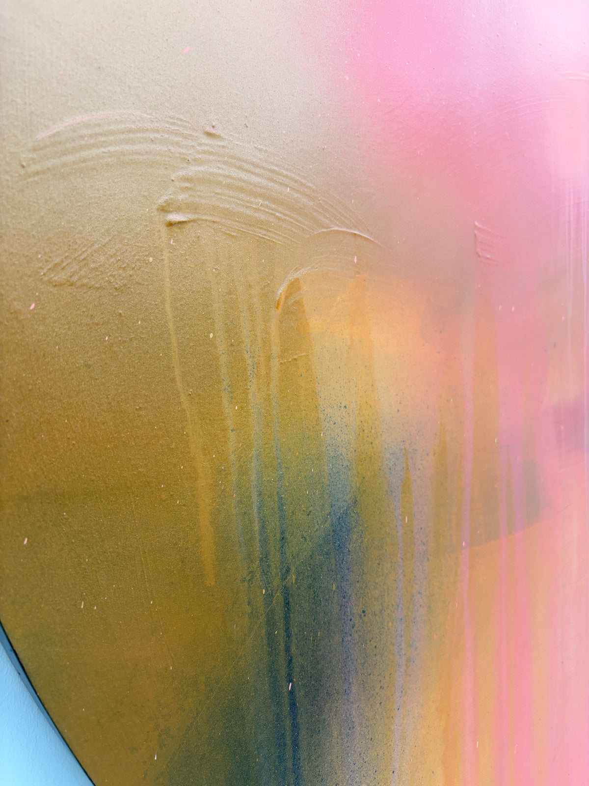 The Afterglow of Awe by Kate Mayer: abstract acrylic on plywood with pink, orange, yellow & blue, in metal float frame.