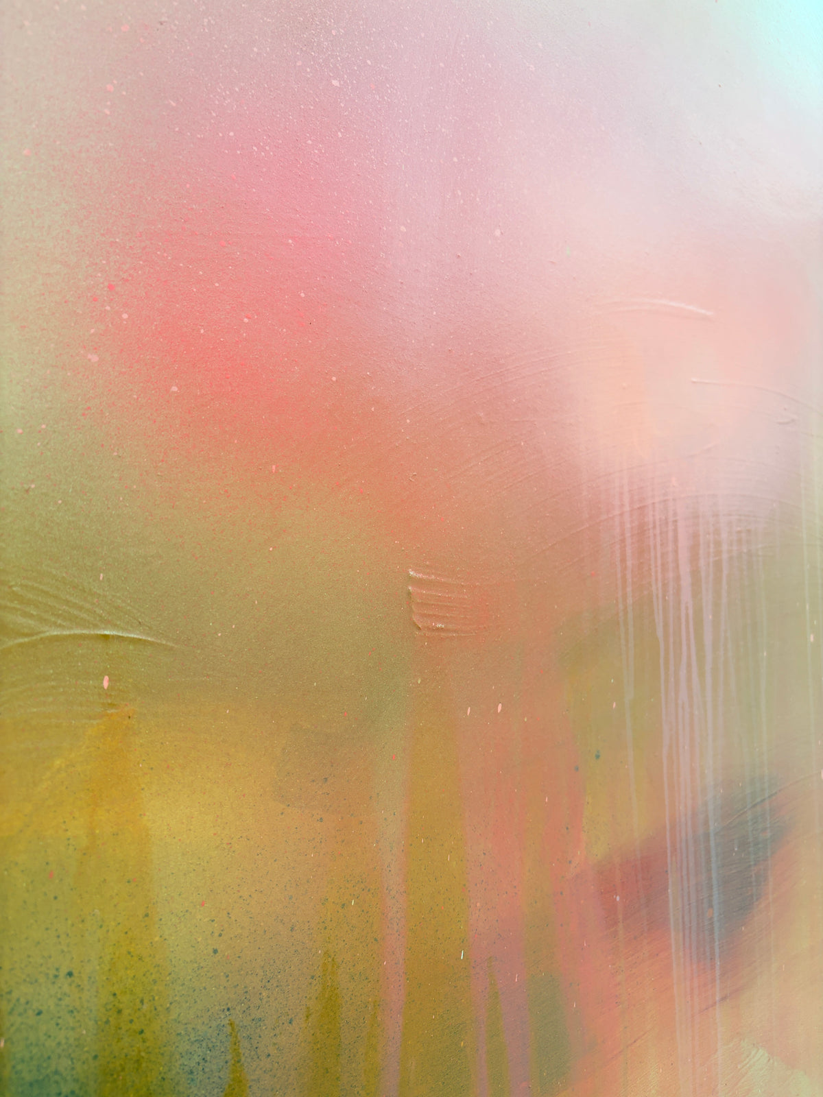 The Afterglow of Awe by Kate Mayer: abstract acrylic on plywood, soft pinks/greens/yellows/blues, metal float frame.