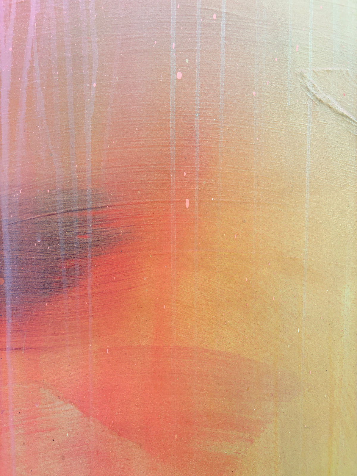 The Afterglow of Awe by Kate Mayer: an abstract acrylic on plywood with pink, orange, yellow, and vertical drips.