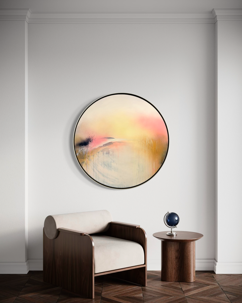 Shadows by Kate Mayer: round abstract art in a handmade float frame above a modern chair and table in a minimalist room.