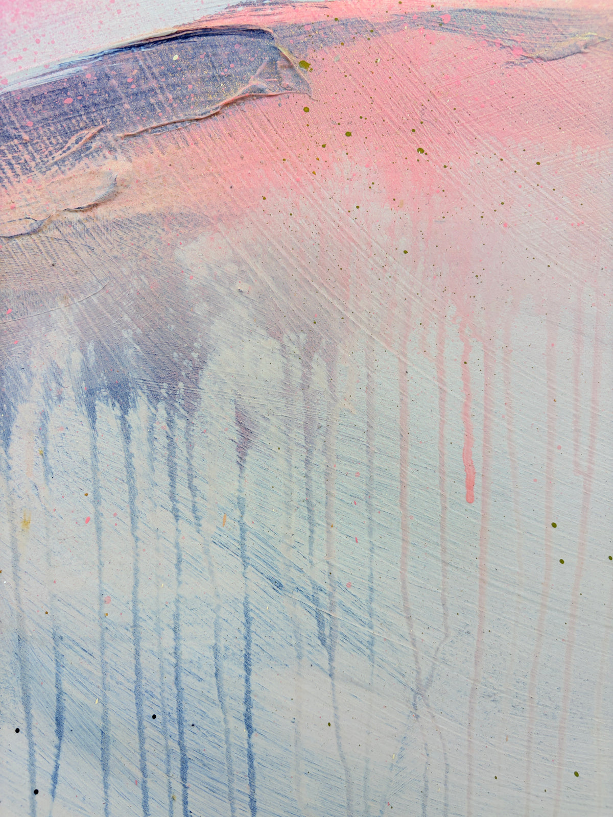 Shadows“ by Kate Mayer: acrylic on plywood, pastel hues, visible brush strokes, set in handmade metal float frame.