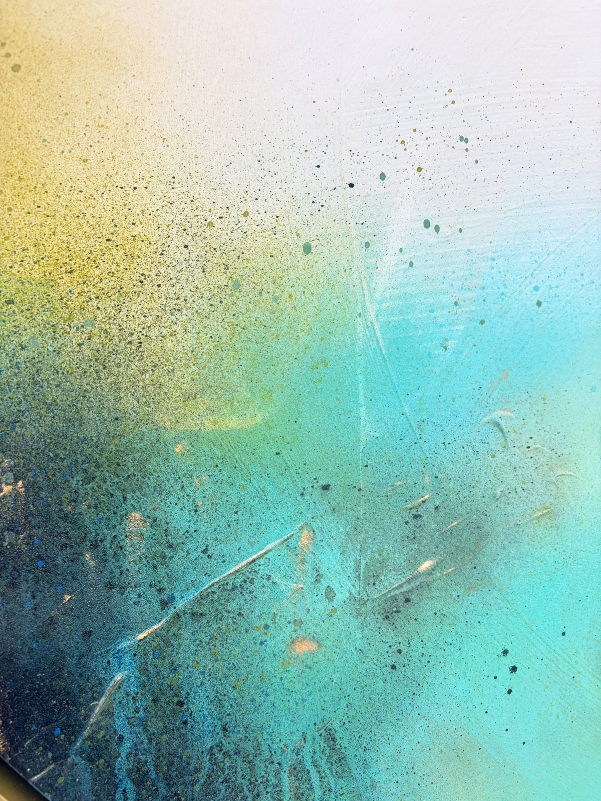 The Afterglow of Stillness“ by Kate Mayer: abstract acrylic on plywood with blue, yellow, and green splatters.