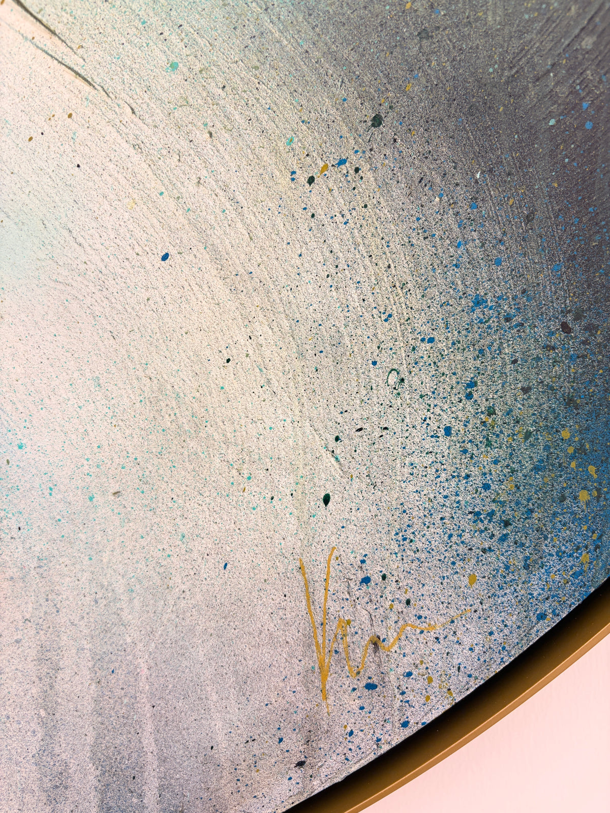 The Afterglow of Stillness by Kate Mayer: acrylic on plywood, swirling pastels, blue/yellow splatters, gold signature.