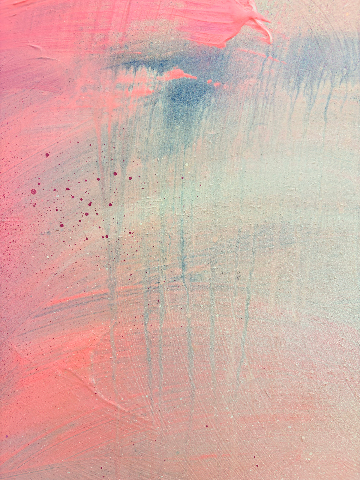 Unfinished Sympathy“ by Kate Mayer: pink & blue acrylic on plywood with drips, in handmade metal float frame.