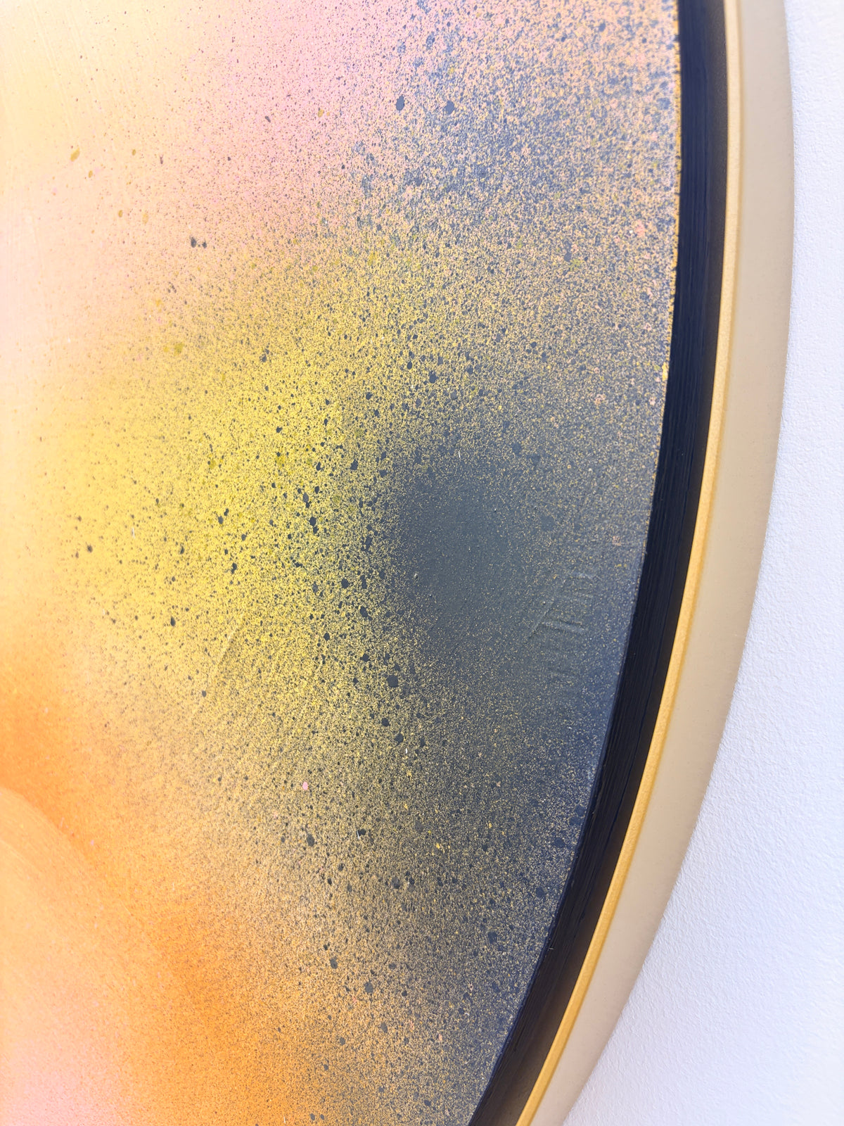 Close-up of “Friend” by Kate Mayer, acrylic on plywood. Pastel gradients, handmade metal float frame.