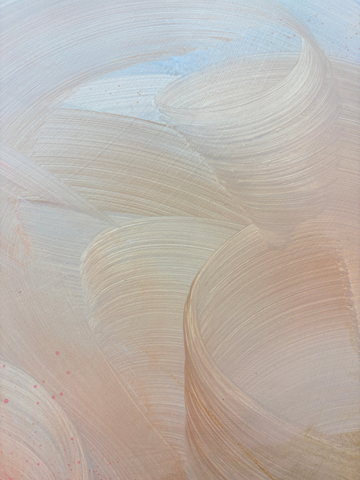 Count Your Blessings“ by Kate Mayer: acrylic abstract with beige, cream & blue on plywood in a metal float frame.