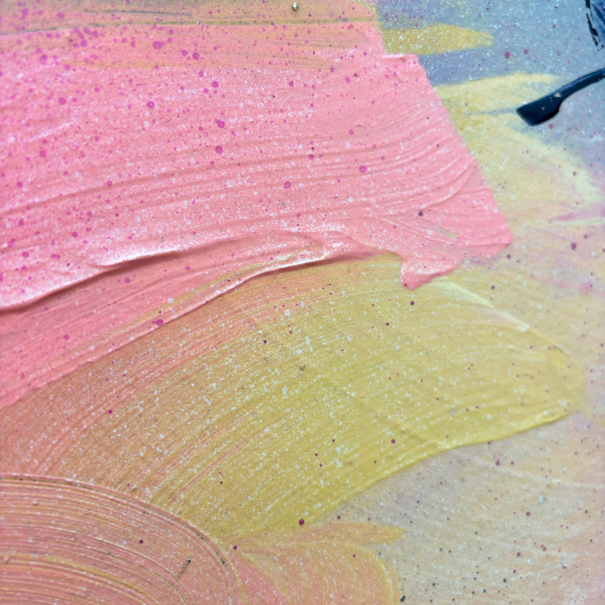 Looking For You“ by Kate Mayer: vibrant pink & yellow acrylic on plywood with visible brush strokes and splatters.