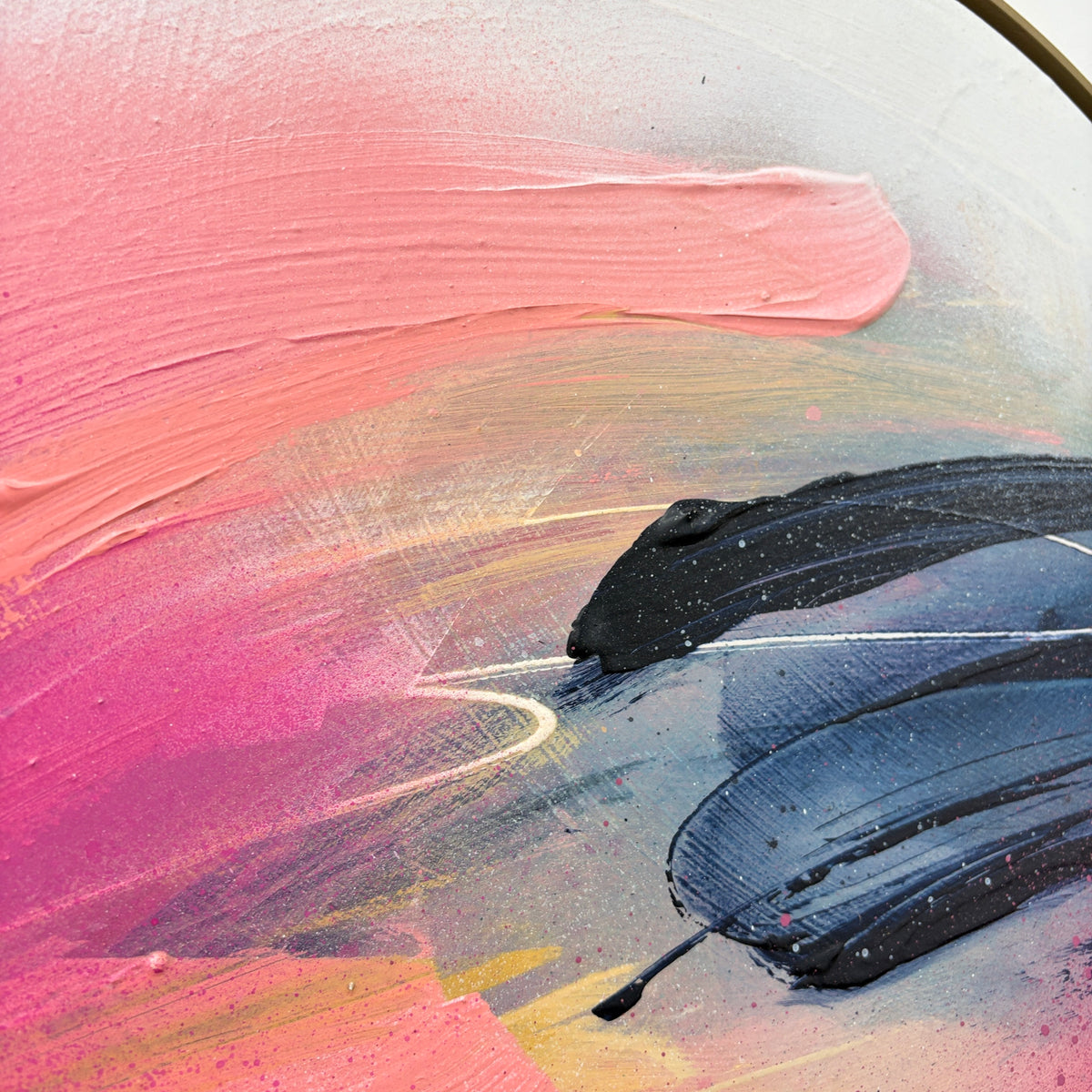 Looking For You by Kate Mayer: Abstract acrylic on plywood, pink/yellow/blue brushstrokes in a handmade metal float frame.