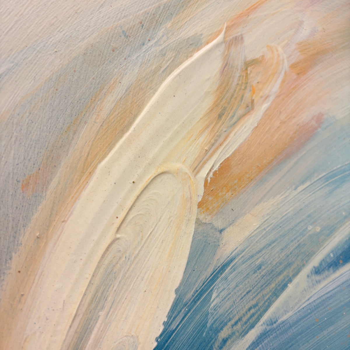 The Best Is Yet To Come“ by Kate Mayer—pastel cream, blue & orange acrylic on plywood with a metal float frame.