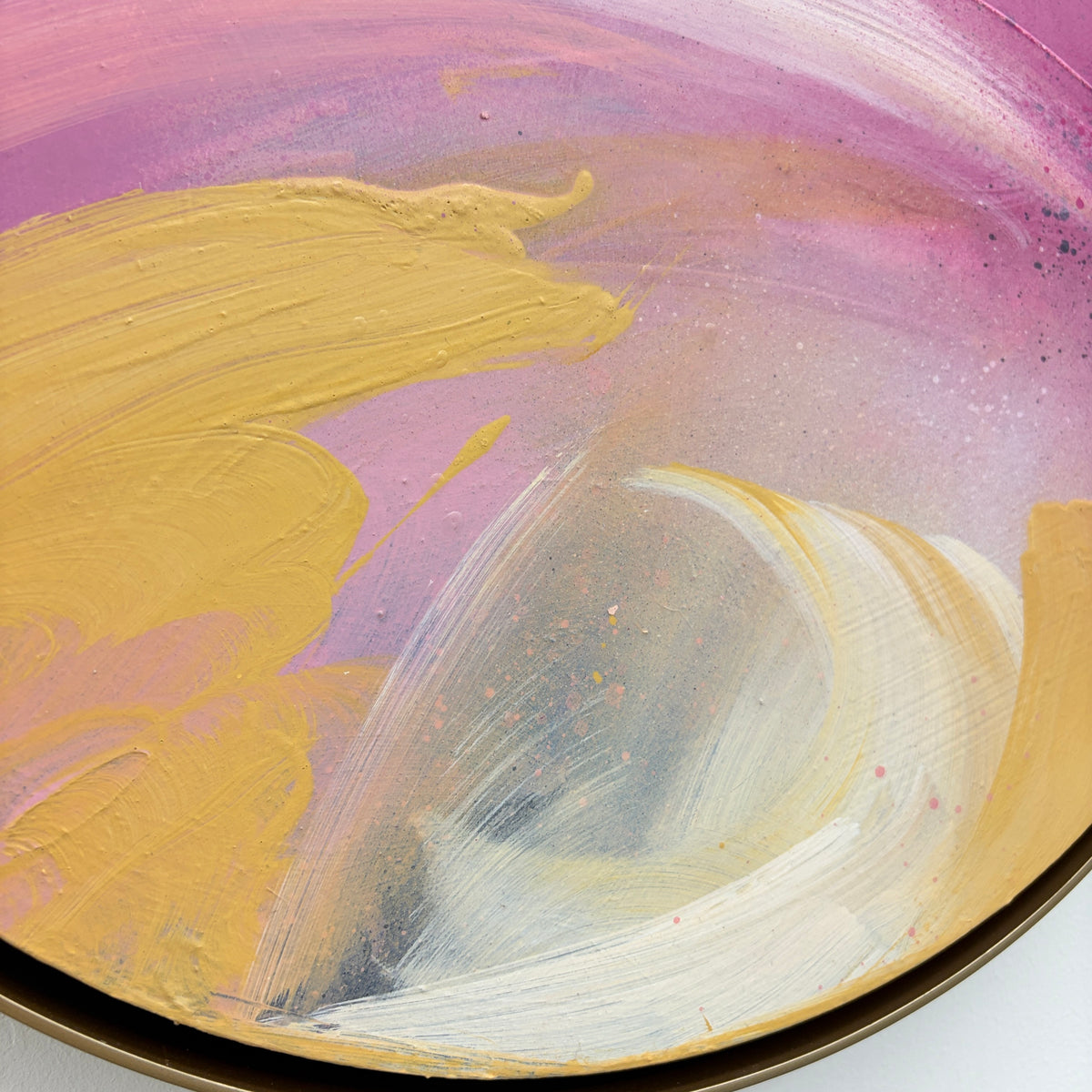 Love’s In Need Of Love Today by Kate Mayer: acrylic abstract on plywood, yellow/pink/white, in metal float frame.