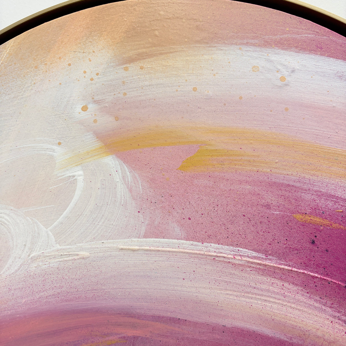 Love’s In Need Of Love Today“ by Kate Mayer: pink, white, yellow acrylic on plywood in a handmade metal float frame.