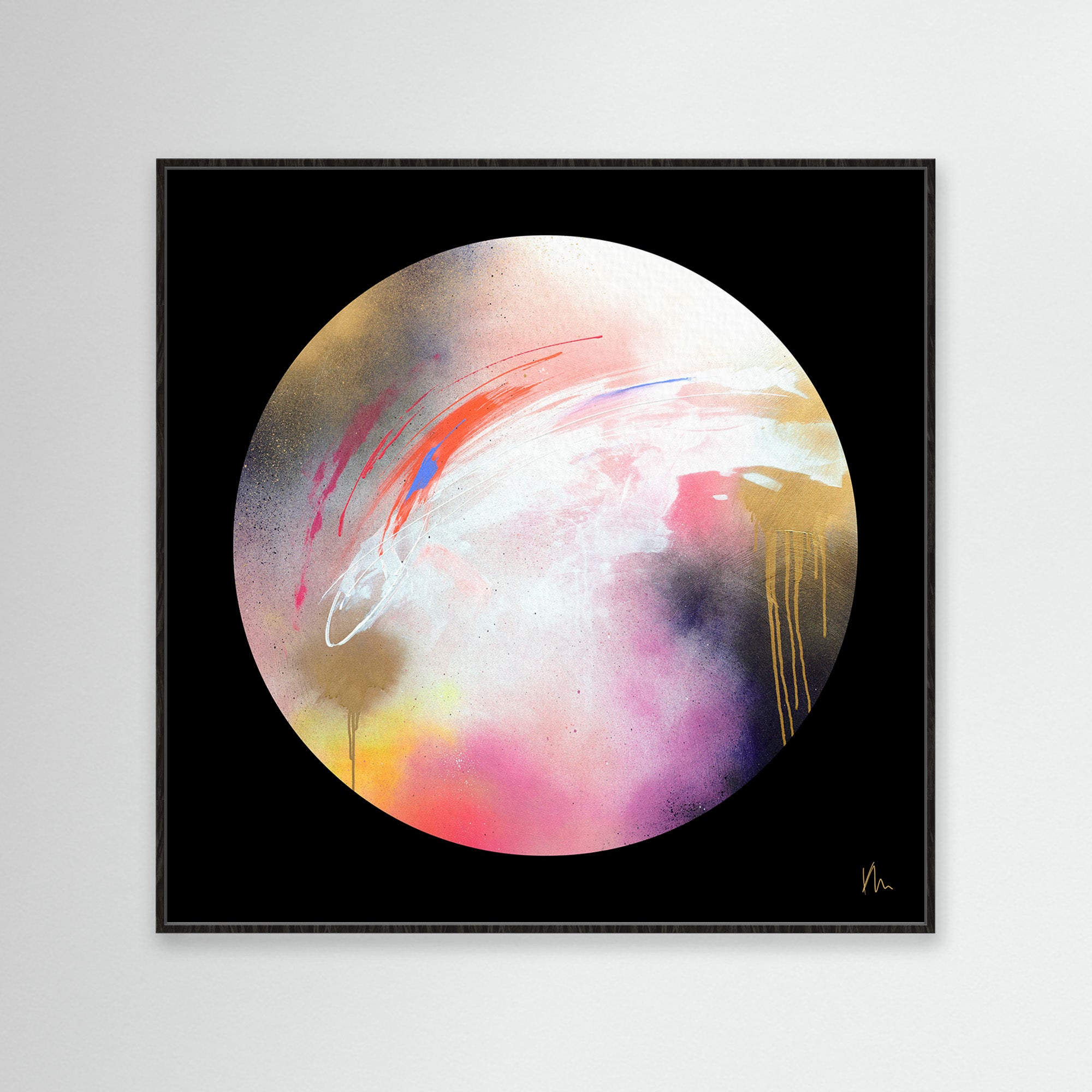 Introducing "The Dream Starts Here" by Kate Mayer, an abstract circular painting featuring vibrant splashes of color with pink, white, and gold accents on a striking black background.