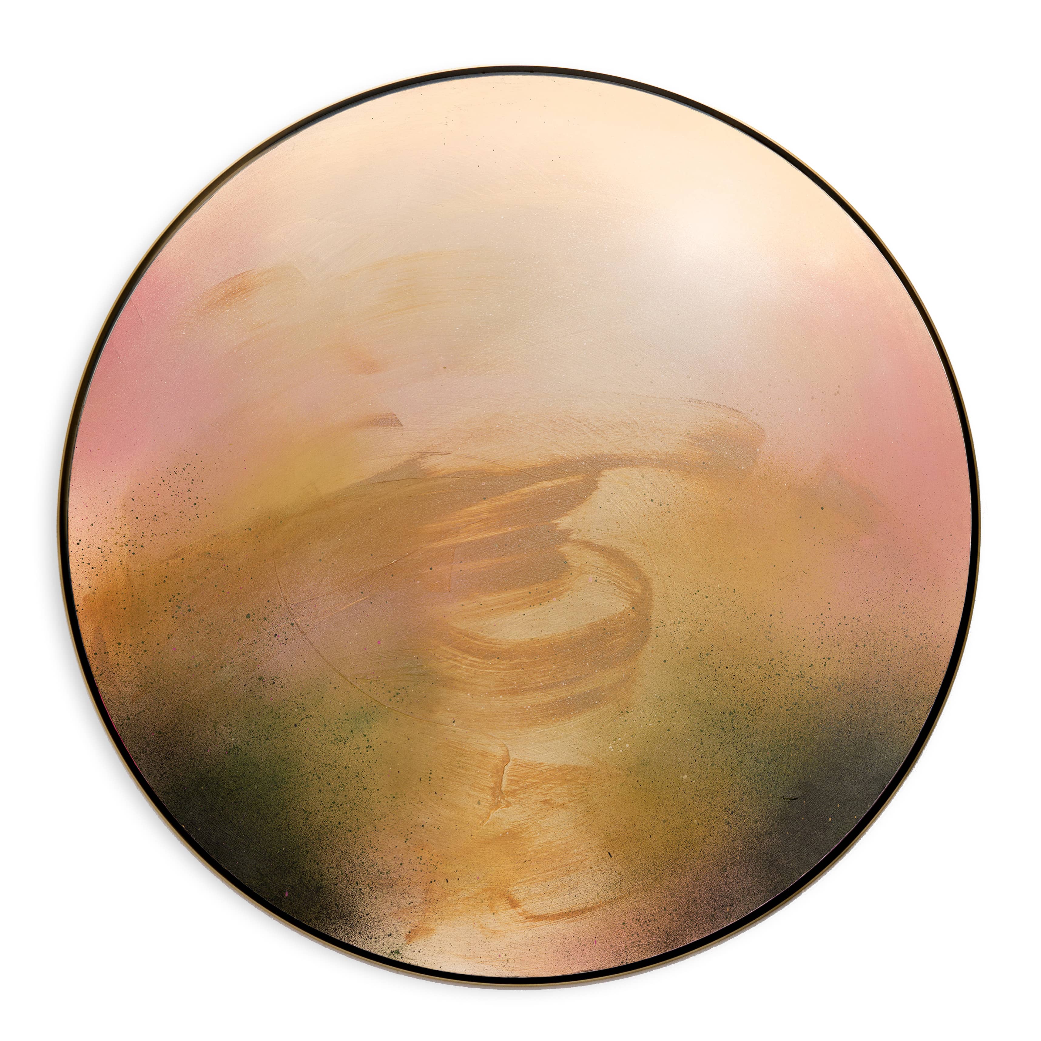 Kindling" by Kate Mayer: a round abstract painting with soft pink, gold, brown, and green blends on plywood.