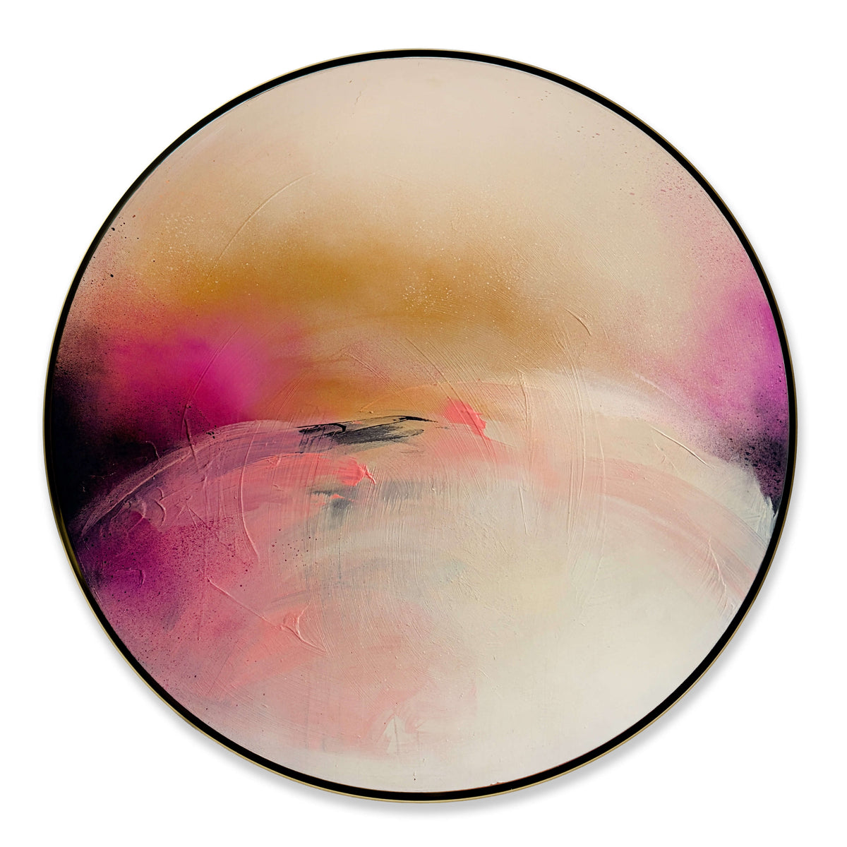 Unfinished Sympathy by Kate Mayer: dreamy abstract in soft pink, gold, and white acrylic on plywood.