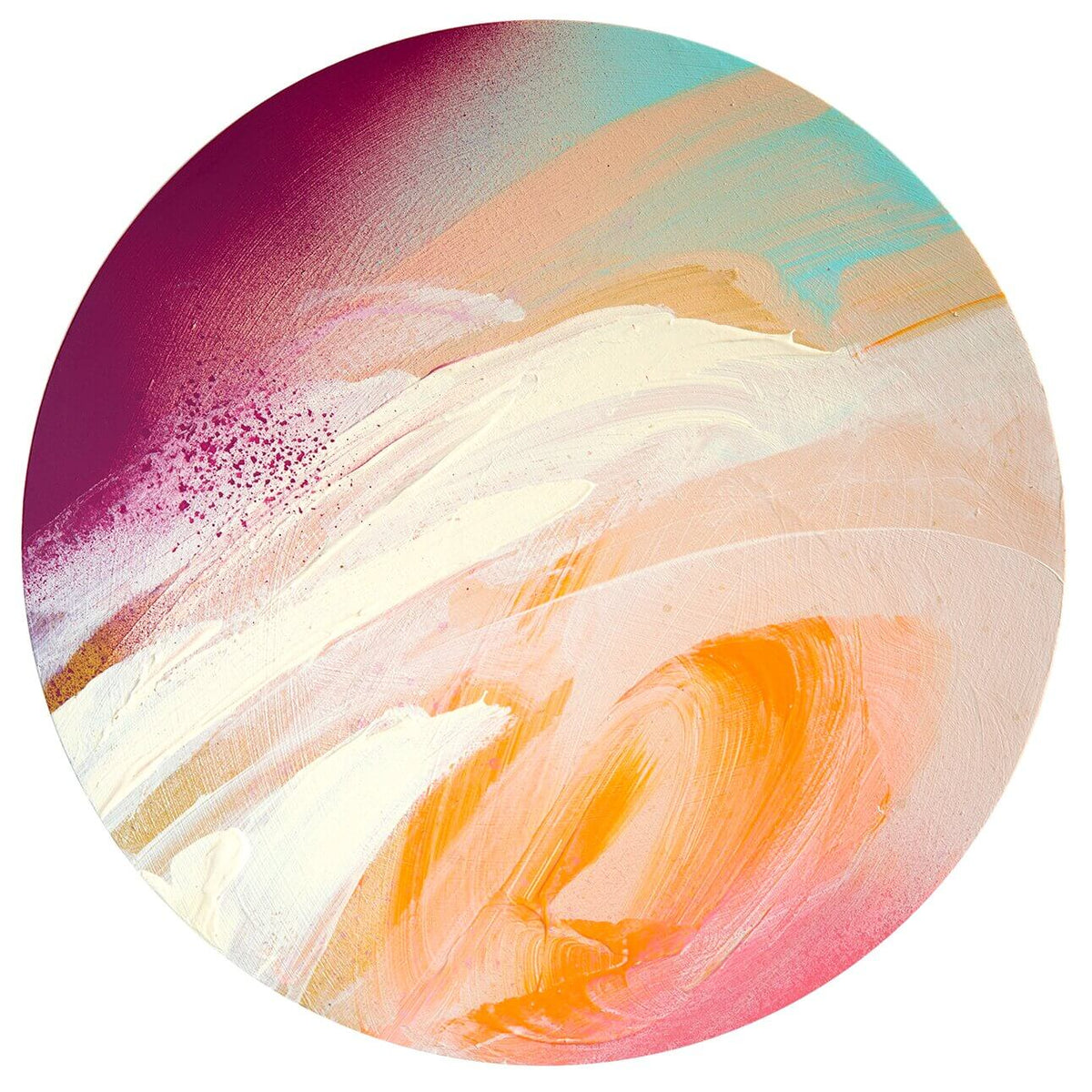“I Smile” by Kate Mayer: swirling acrylic on plywood, set in a handmade metal float frame for modern appeal.