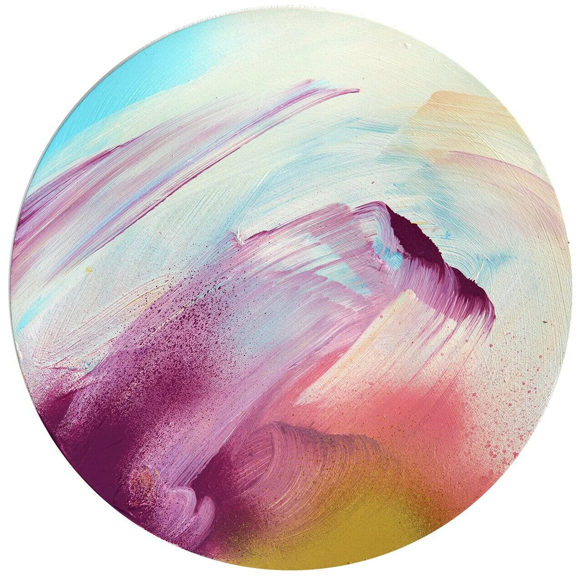The Power Of One by Kate Mayer: circular acrylic painting on plywood in purple, pink, blue, cream, and yellow.