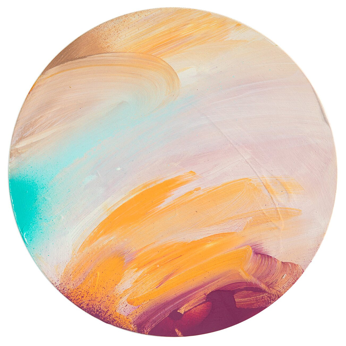 Good Times“ by Kate Mayer: round abstract painting in orange, purple & turquoise acrylic on plywood, metal framed.