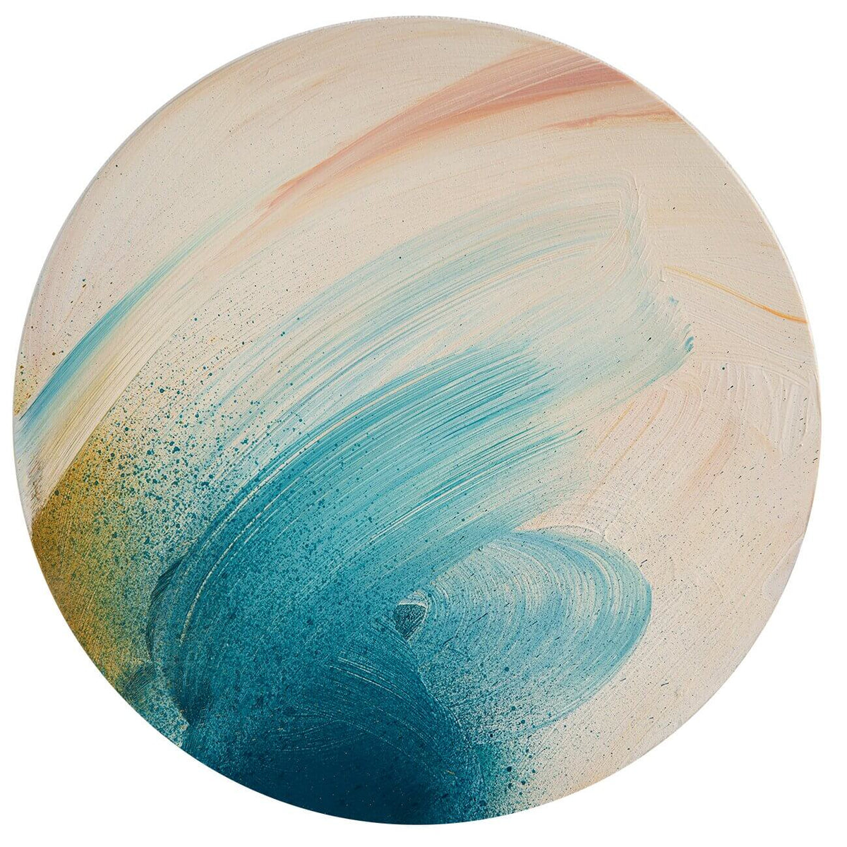 Don’t You Every Give Up by Kate Mayer: circular acrylic on plywood with blue, teal & beige brushstrokes blending.